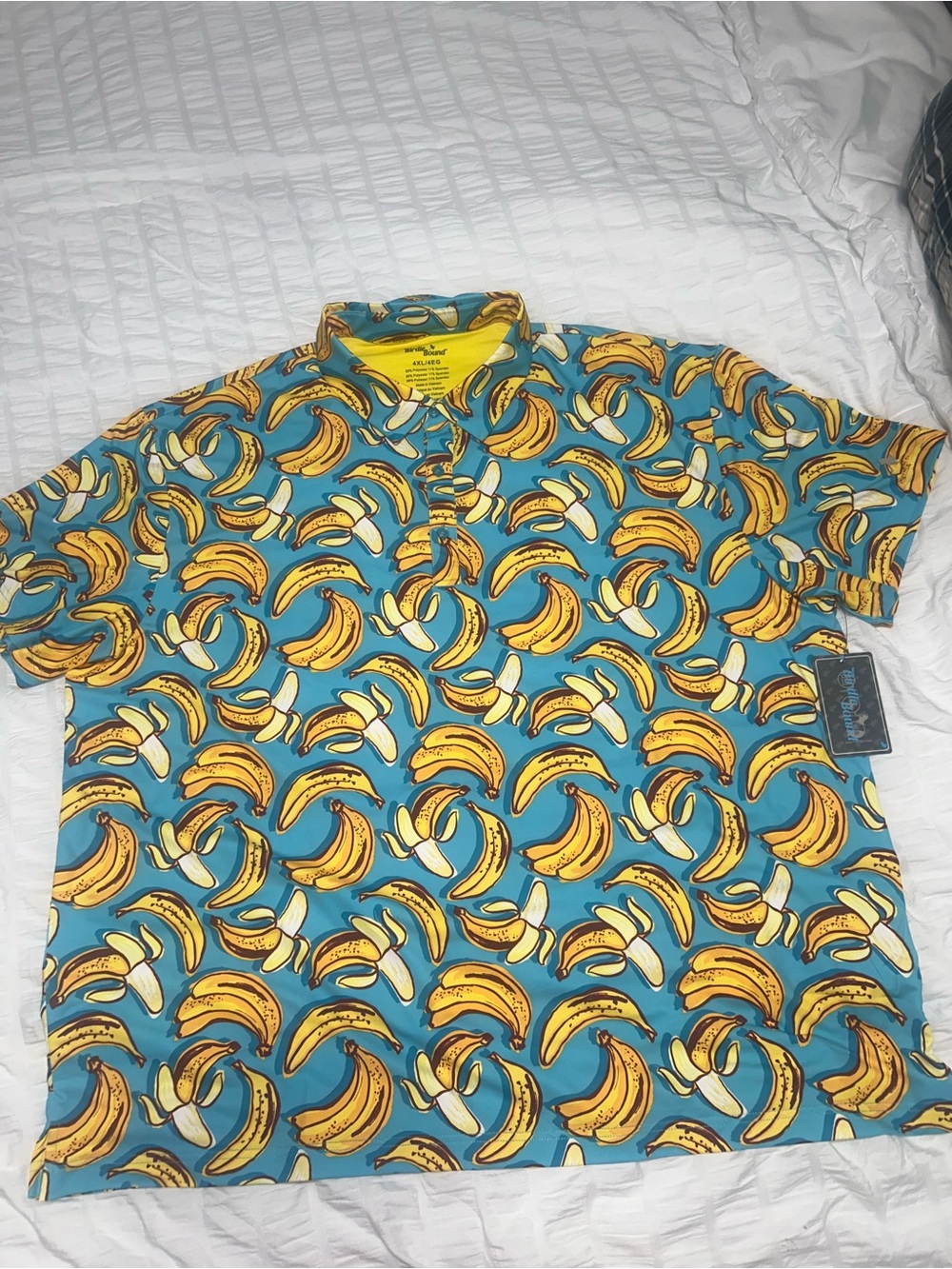 Men's Short-Sleeve Polo with Yellow Banana Print on Teal